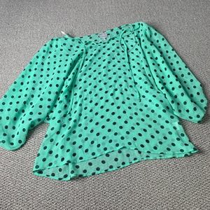 Hi There From Karen Walker Womens Blouse‎ Size 10 Green/Black Polka Dot Tie Neck